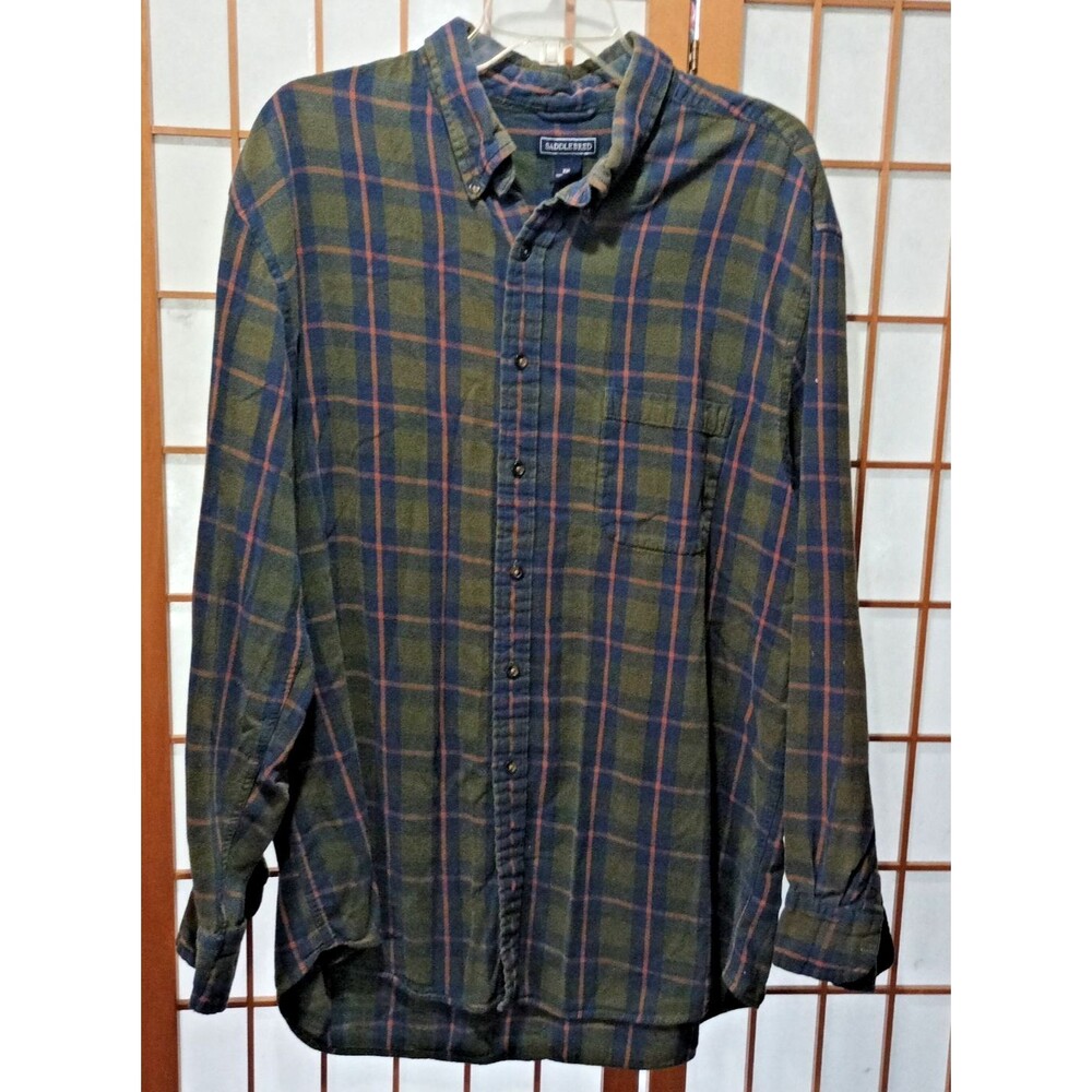 Saddlebred Mens XXL Flannel Shirt Green Blue Plaid Cotton Button Down 2XL